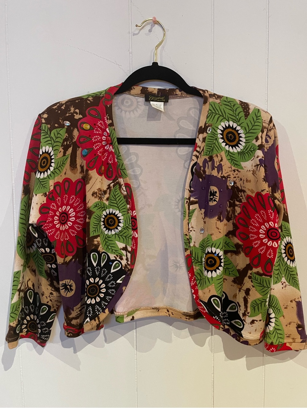 Elizabeth New York Cardigan Womens XL Floral Abstract Beaded Cropped Whimsygoth